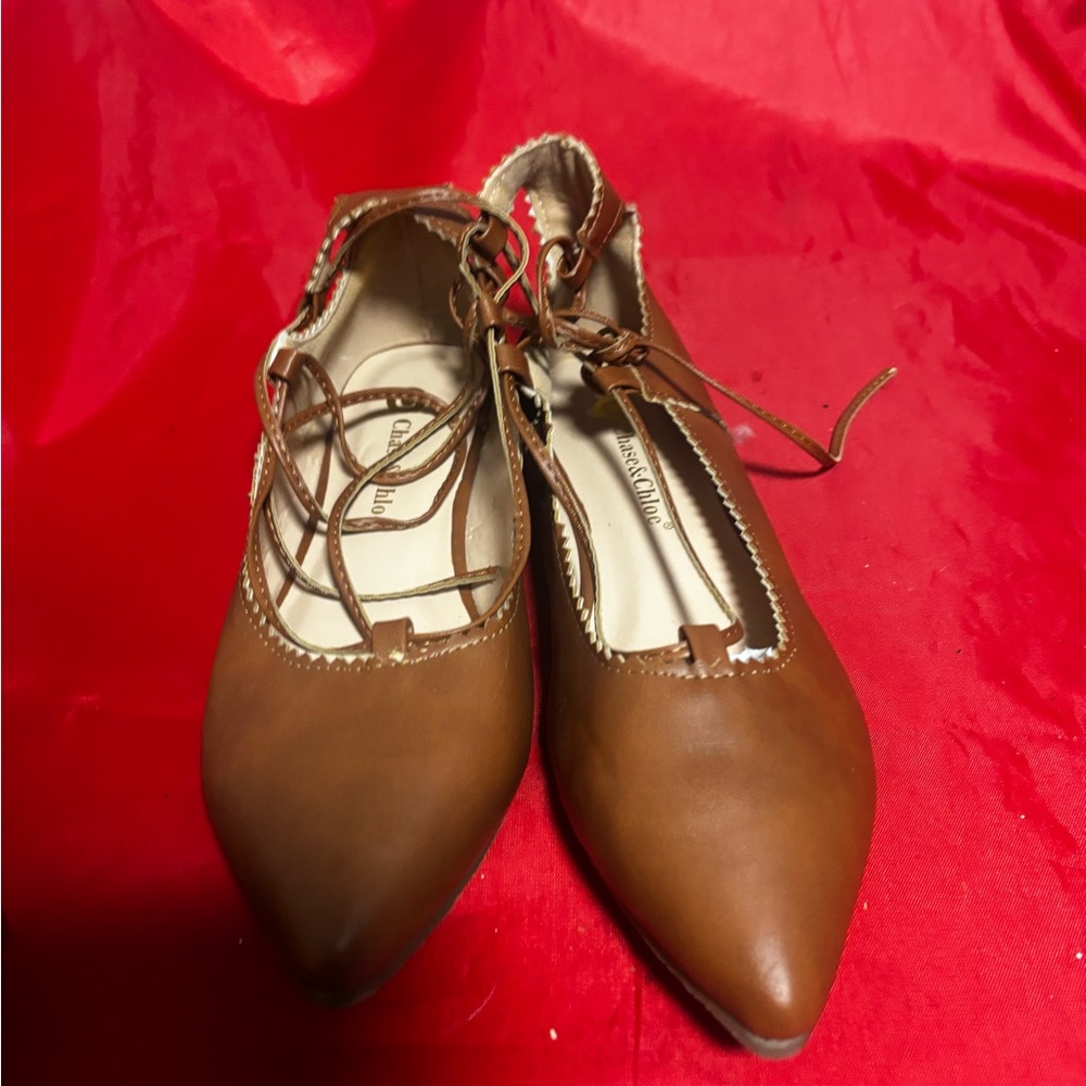 Chloe Brown Pointed Lace-Up Flats